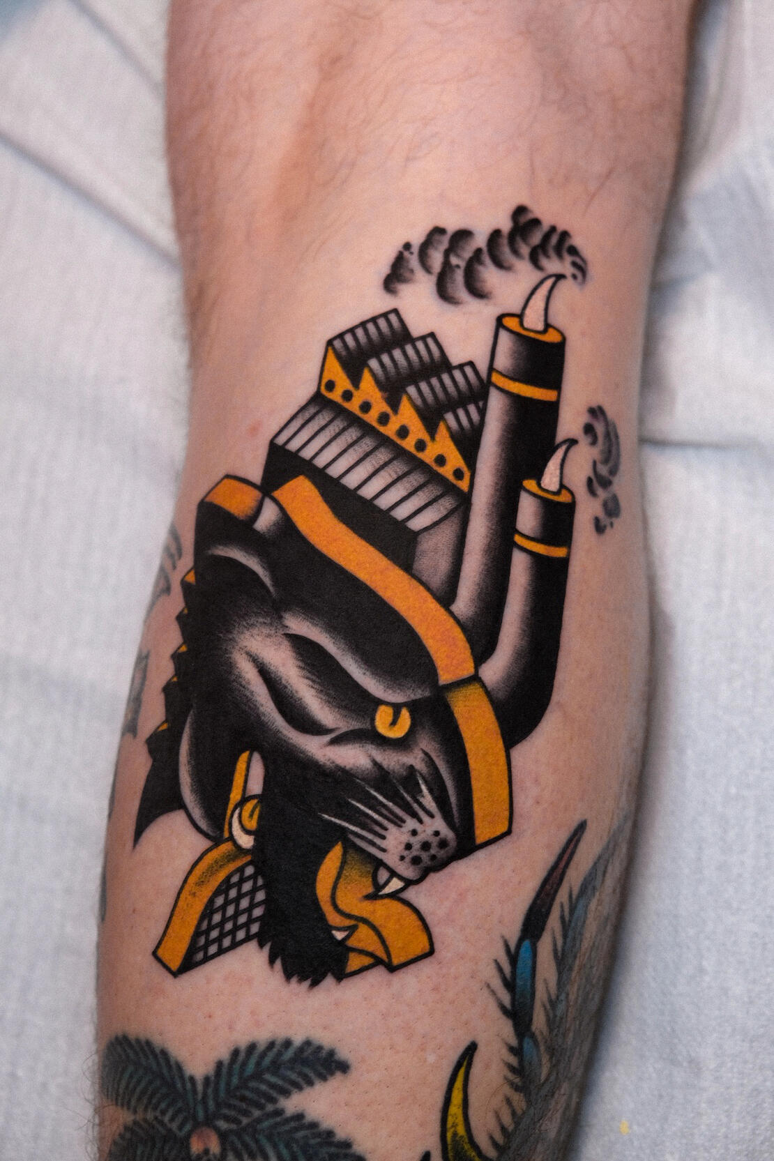 Black panther / factory, color traditional tattoo made in Amsterdam.